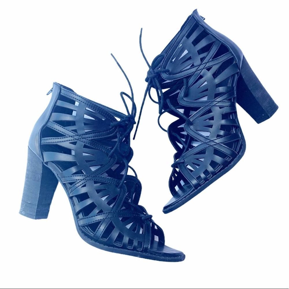 Report Black Cage Peep Toe Lace Up Heels